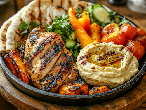 Greek Herb Chicken Breast, Yukon Potatoes, Hummus, Grilled Veggies