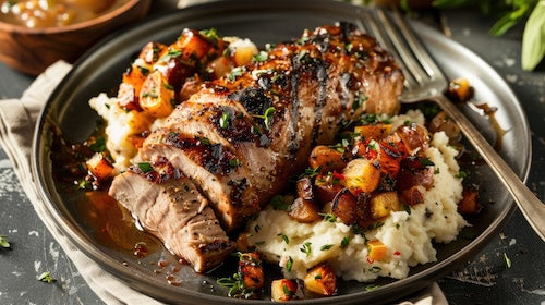 Apple Glazed Pork Tenderloin, Root Veggie Hash, Mashed Potatoes - NEW