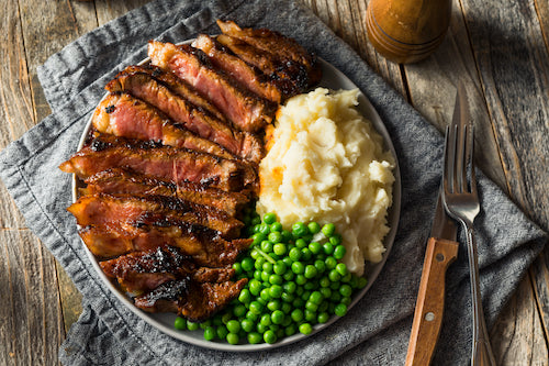 Grilled Sugar Steak, Mashed Potatoes, English Peas