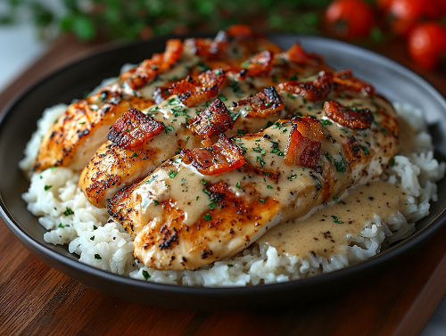 Grilled Chicken, Bacon Gravy, Rice & Green Beans