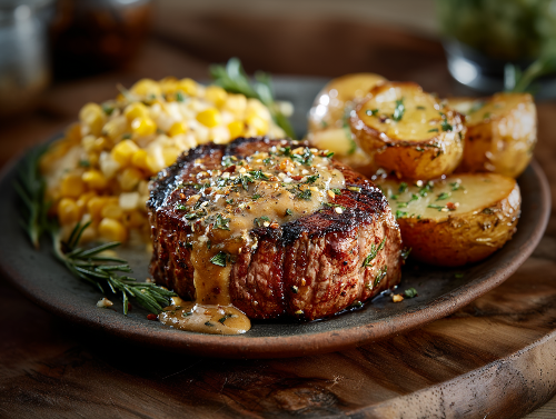 Grilled Filet Mignon, Southwest Peppercorn Sauce, Cream Corn, Oven Bak
