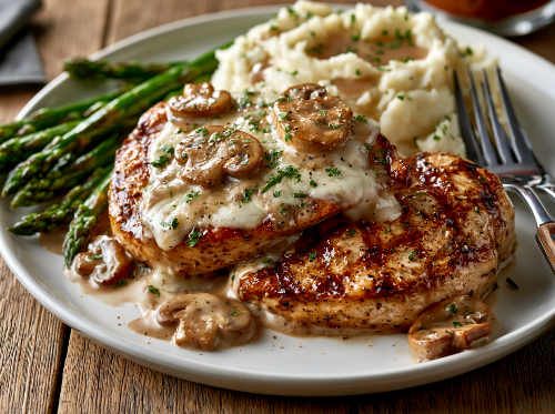 Grilled Mushroom Swiss Chicken, Mashed Potatoes, Asparagus - NEW