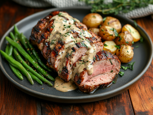 Grilled Pork Tenderloin, Creamy Sauce, Yukon Potatoes, Green Beans