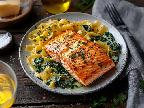 Grilled Salmon, Creamed Spinach Pappardelle