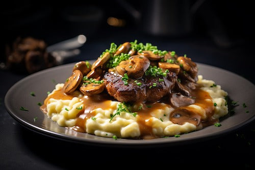Country Chuck Steak, Onion Mushroom Gravy, Mashed Potatoes , Veggies