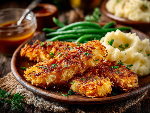 Hash Brown Crusted Chicken, Sweet Chili Green Beans, Mashed Potatoes - New