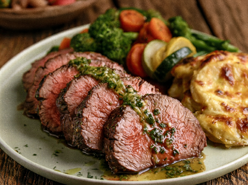 Herb-Encrusted Beef Tenderloin, Veggies, Au Gratin Potatoes