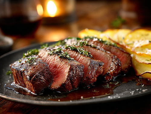 Herb-Encrusted Beef Tenderloin, Veggies, Au Gratin Potatoes