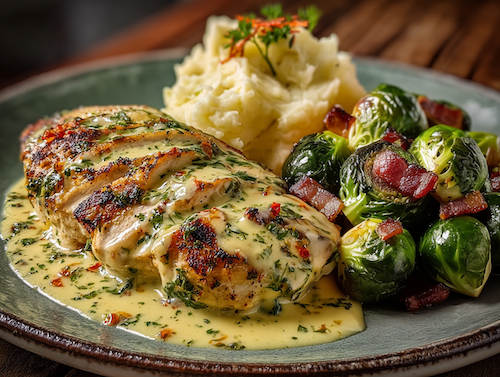 Herb Chantilly Chicken, Maple Bacon Brussels, Mashed Potatoes