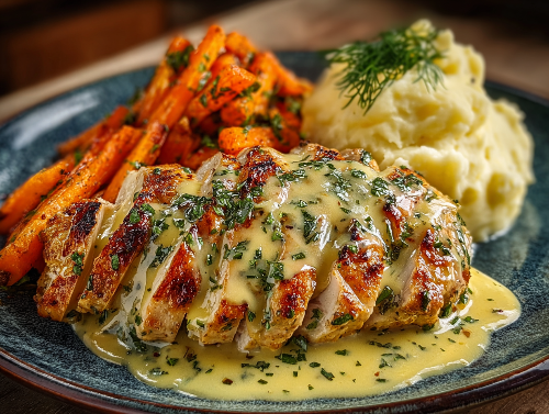 Herb Hollandaise Chicken, Candied Carrots, Mashed Potatoes