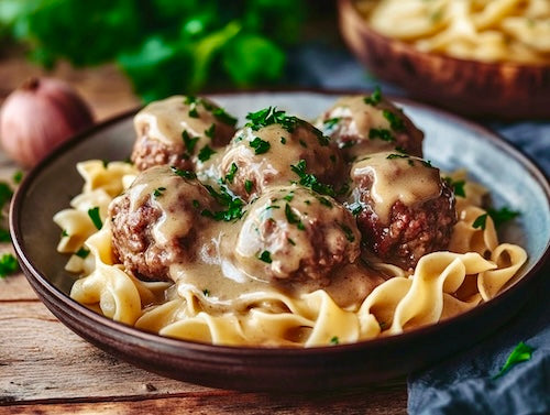 Homemade Rustic Meatballs, Buttery Noodles in Savory Brown Gravy