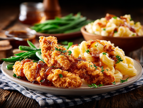 Honey Crisp Chicken, Mac & Cheese, Green Beans, Honey Pepper Sauce