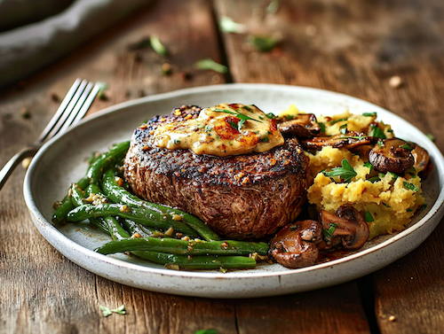 Honey Hollandaise Bistro Filet Mignon, Yukon Smash Potatoes, Garlic Green Beans