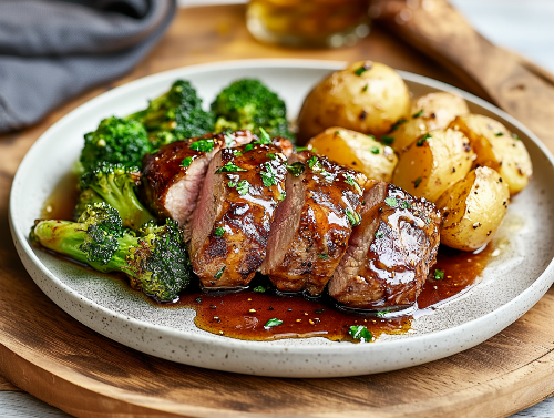 Honey Garlic Pork Tenderloin, Yukon Potatoes, Broccoli