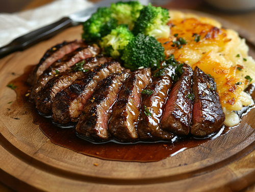 Honey Glazed Steak Strips, Au Gratin Potatoes, Broccoli