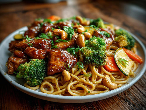 Honey Mandarin Cashew Chicken, Lo Mein Noodles