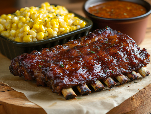 Honey Pepper-Glazed Ribs, Chorizo Beans, Mexican Corn