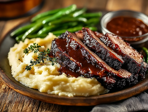 Juicy BBQ Brisket, Creamy Potatoes, Green Beans
