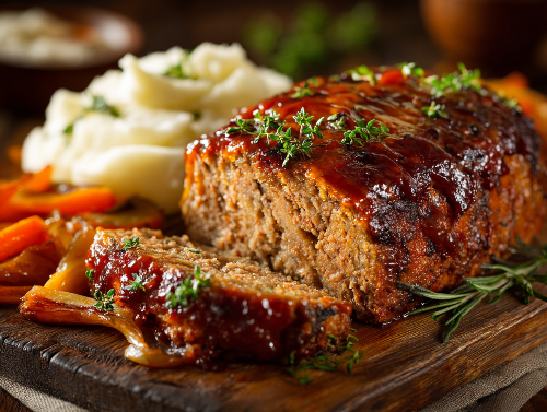 Kentucky Bourbon BBQ Meatloaf, Candied Carrots & Onions, Mashed Potatoes