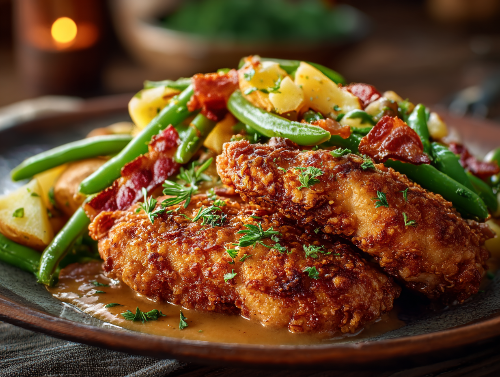 Fried chicken with green beans and potatoes on a plate