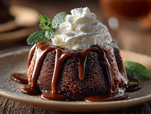 Dark Chocolate Lava Cake Topped with Whip Cream