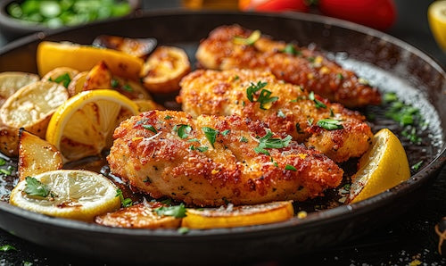 Lemon Crunch Chicken, Yukon Potatoes, Broccoli