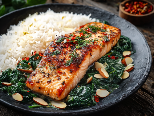 Lemon Salmon, Jasmine Rice, Broccoli, Almondine Spinach - NEW