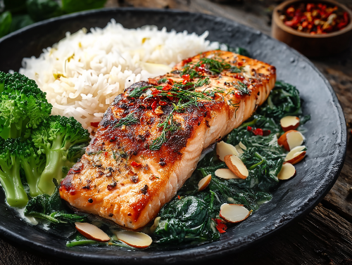 Lemon Salmon, Jasmine Rice, Broccoli, Almondine Spinach - NEW