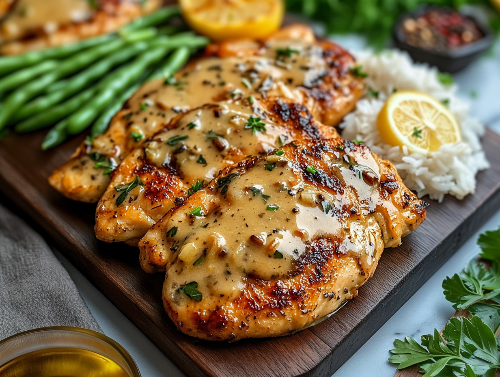 Lemon Shallot Chicken, Rice, Green Beans