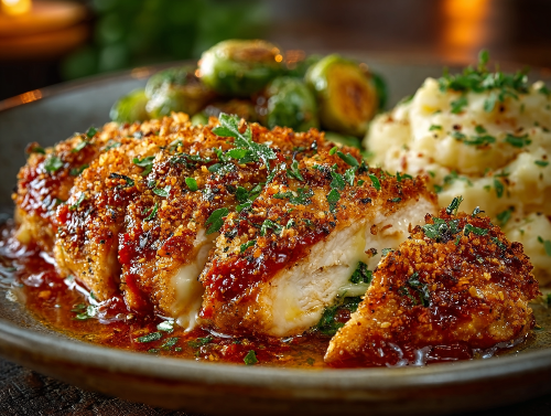 Longhorn Parmesan Chicken, Maple Brussels, Potato Casserole