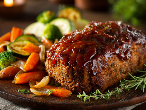 Lower Carb - Kentucky Bourbon BBQ Meatloaf, Candied Carrots & Onions, Seasonal Veggies