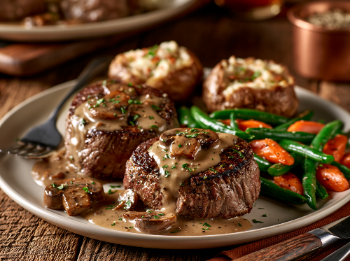 Marsala Filet Mignon Medallions, Twice Baked Potatoes, Veggies - NEW