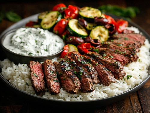 Mediterranean Steak, Jasmine rice, Vegetables, Tzatziki Sauce - NEW