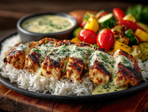 Mediterranean Garlic Chicken, Jasmine Rice, Veggies, Herb Aioli