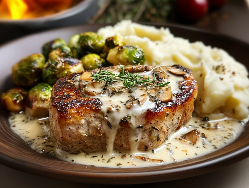 Mushroom Garlic Swiss Pork RIbeye, Mashed Potatoes, Maple Bacon Brussels - NEW