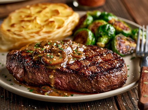 New York Strip Steak, Wild Mushroom Porcini Sauce, Au Gratin Potatoes and Brussels - NEW