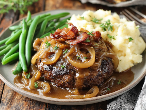 Onion Gravy Salisbury Steak Creamy Mashed Potatoes, Green Beans