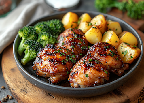 Orange Glazed Chicken, Herb Potatoes, Garlic Butter Broccoli