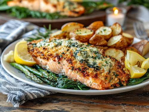 Panko Parmesan Crusted Salmon, Oven Potatoes, Asparagus, Spinach - NEW