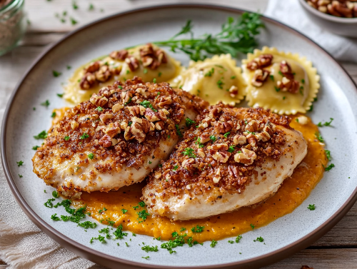 Pecan Crusted Chicken, Cheese Ravioli, Pumpkin Butter Cream Sauce, Spinach
