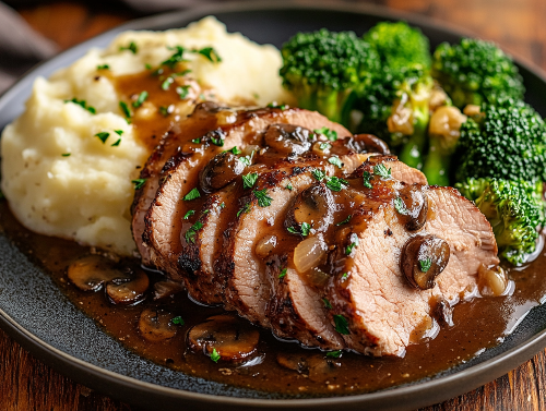 Pork Tenderloin Marsala, Mashed Potatoes, Garlic Butter Broccoli
