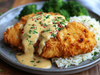 Ritz Cracker Chicken, Cheddar Cream Sauce, Rice, Broccoli