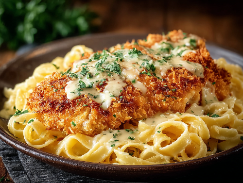 Romano Parmesan Crusted Chicken Alfredo