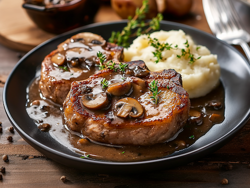 Country Fried Pork Chops and Gravy, Mashed Potatoes, Green Beans