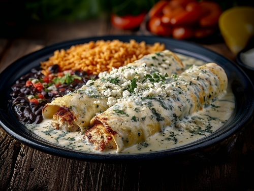 Santa Fe Chicken Enchiladas, New Mexico Rice and Beans