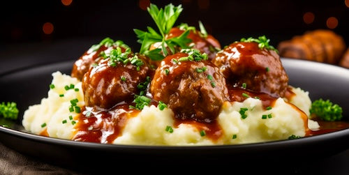 Saucy Steakhouse Meatballs, Mashed Potatoes, Broccoli