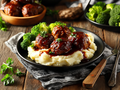 Saucy Steakhouse Meatballs, Mashed Potatoes, Broccoli