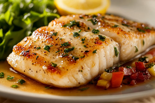 Butter Parsley Sea Bass, Savory Potatoes, Green Beans