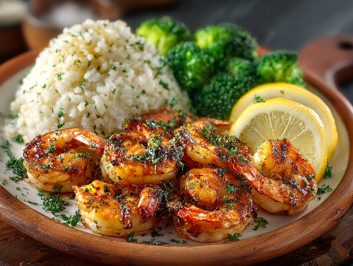 Plated dish of shrimp with rice and broccoli on a wooden plate.
