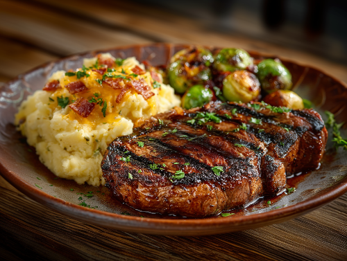 Sirloin Steak, Loaded Mashed Potatoes, Maple Bacon Brussels - NEW